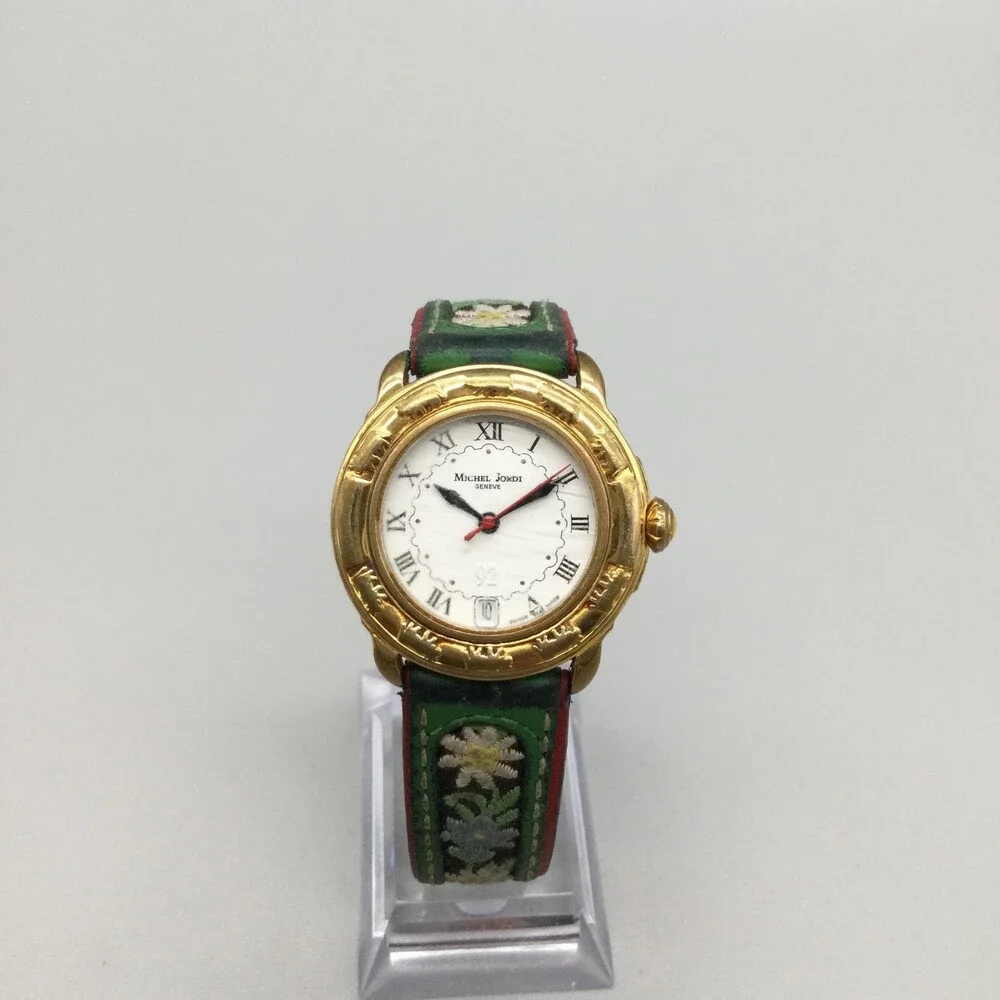 Michel Jordi 1991 Womens Watch 33mm Gold Tone Green Floral Strap New Battery